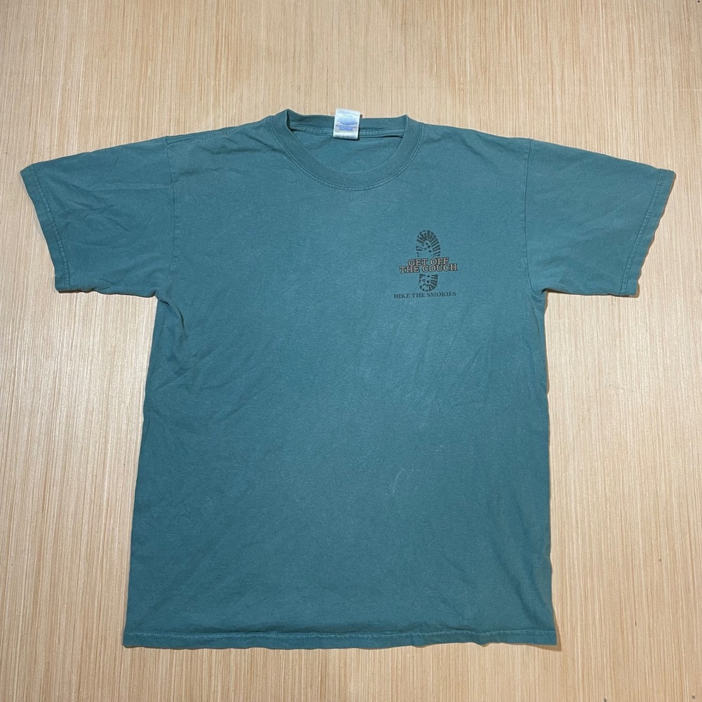 Gildan T-Shirt Mens Medium Teal Hike The Smokies Get Off The Couch Graphic Tee